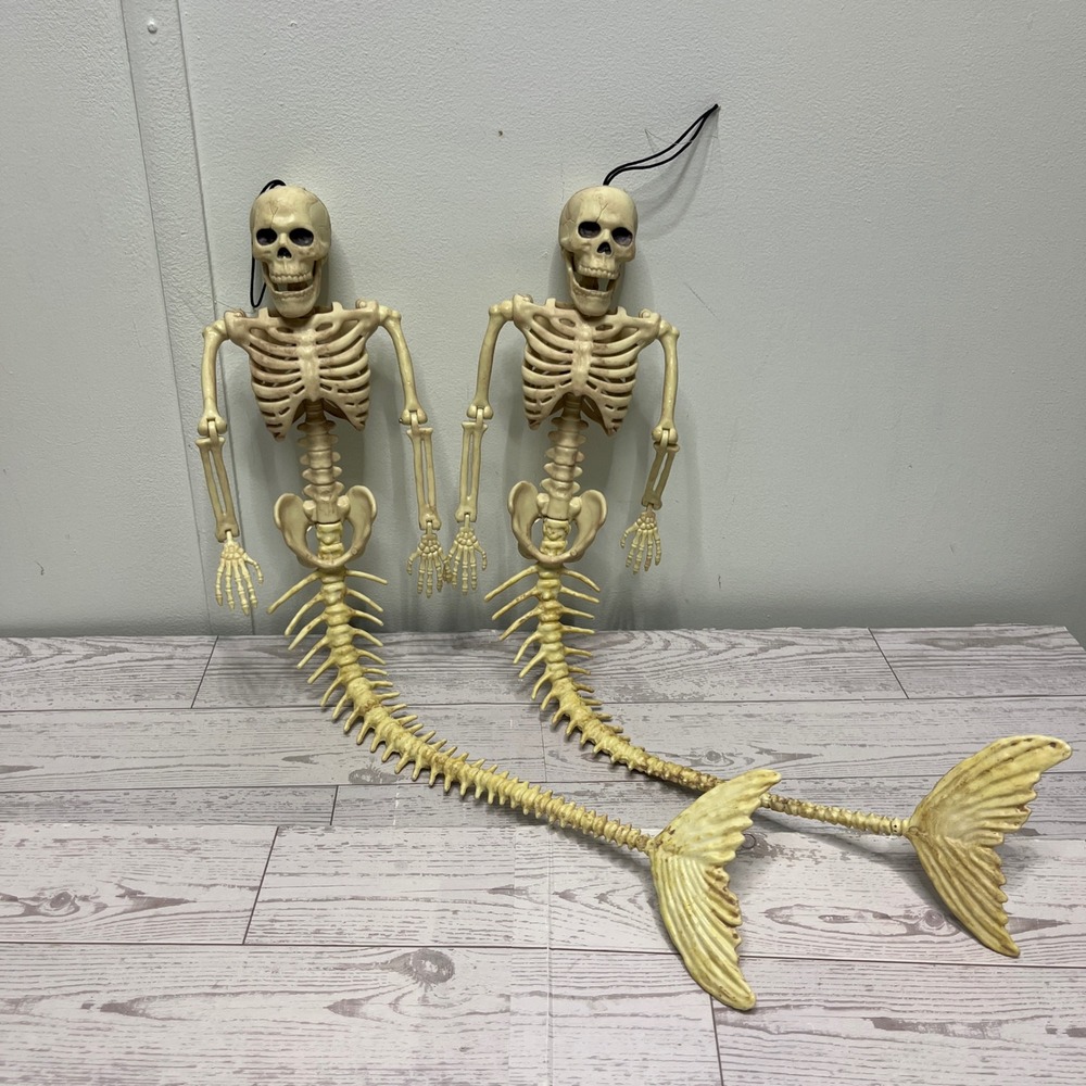 Set of 2 Mermaid Skeleton Hanging Decorations Articulated Plastic Bone Prop 17in
